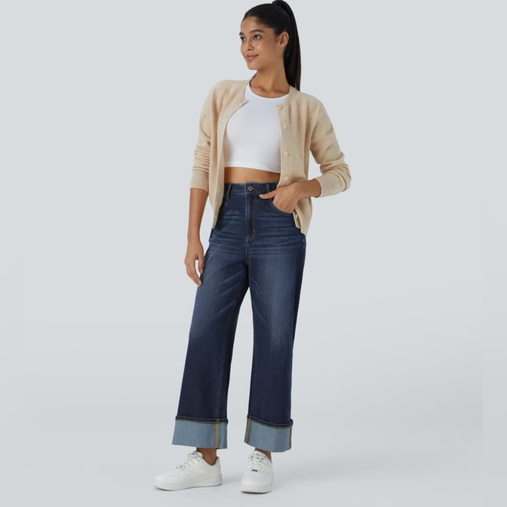 Halara Flex High Waisted Pockets Rolled Hem Wide Leg Washed Casual Jeans - Picture 5 of 9